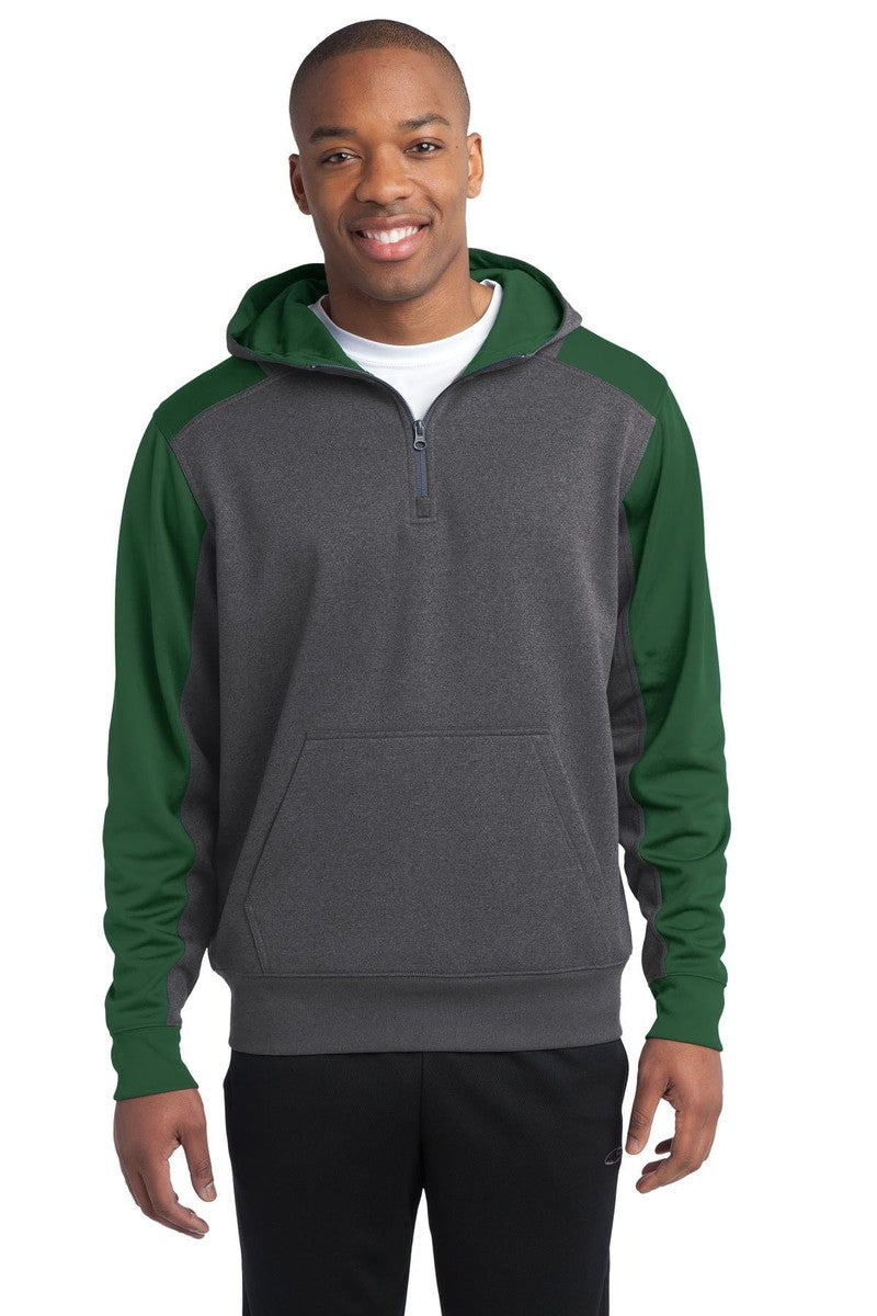 Sport-Tek Sweatshirts/Fleece XS / Graphite Heather/ Forest Green Sport-Tek ST249: Tech Fleece Colorblock 1/4-Zip Hooded Sweatshirt