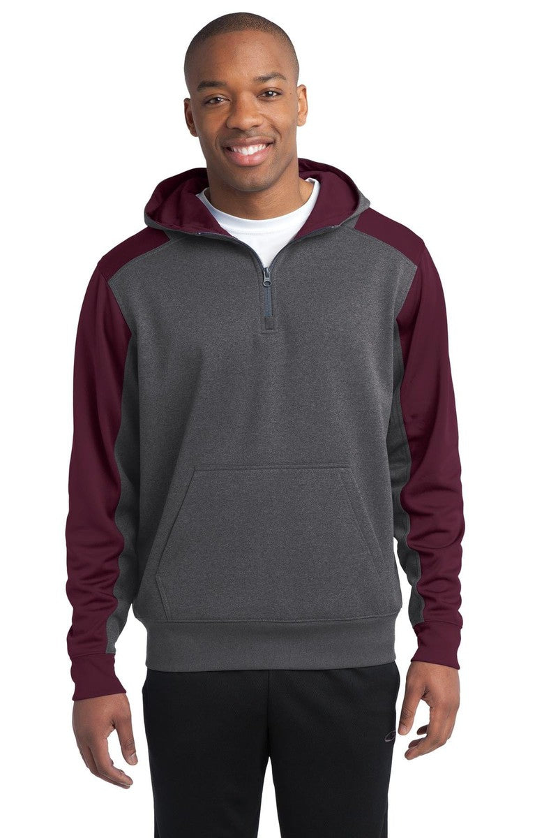 Sport-Tek Sweatshirts/Fleece XS / Graphite Heather/ Maroon Sport-Tek ST249: Tech Fleece Colorblock 1/4-Zip Hooded Sweatshirt