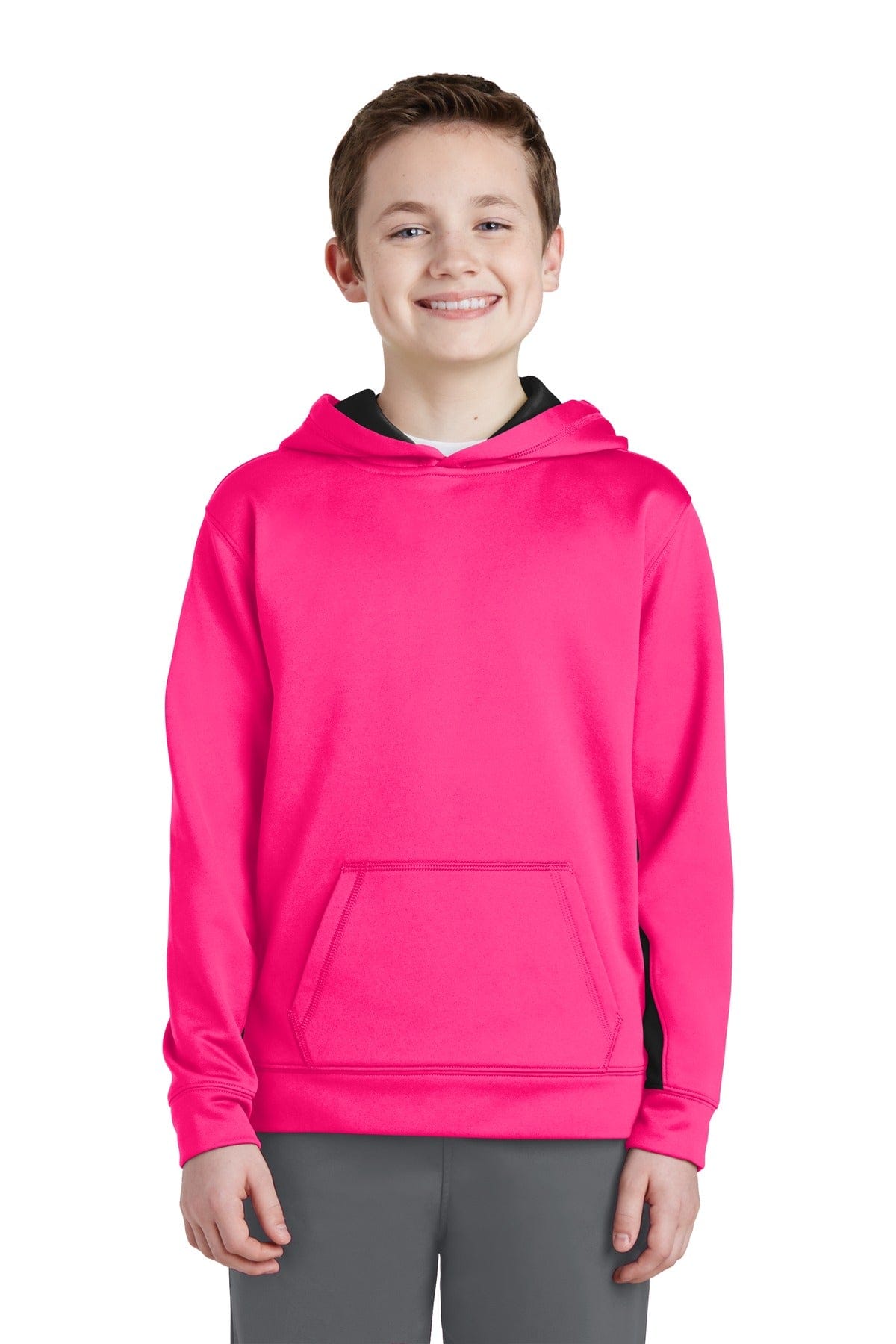 Sport-Tek YST235 Youth Sport-Wick Fleece Colorblock Hooded Pullover in Neon Pink/ Black
