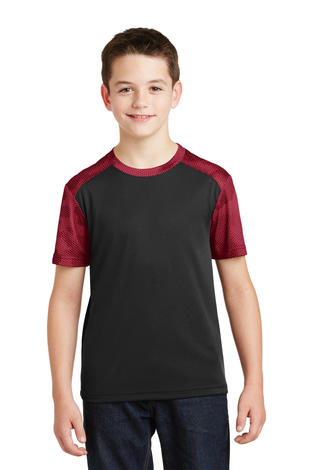 Sport-Tek T-Shirts XS / Black/ Deep Red DISCONTINUED  Sport-Tek ®  Youth CamoHex Colorblock Tee. YST371