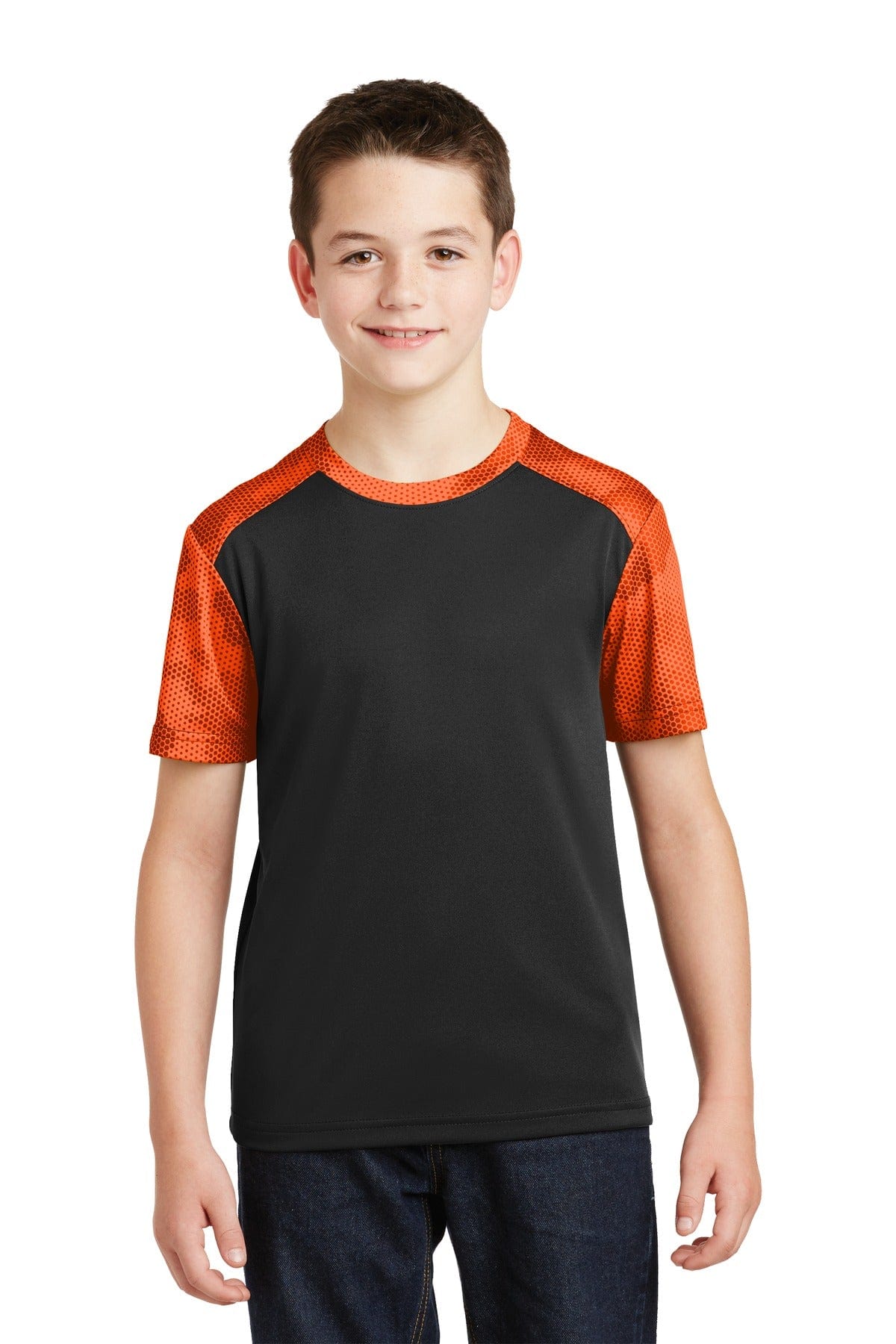 Sport-Tek T-Shirts XS / Black/ Neon Orange DISCONTINUED  Sport-Tek ®  Youth CamoHex Colorblock Tee. YST371