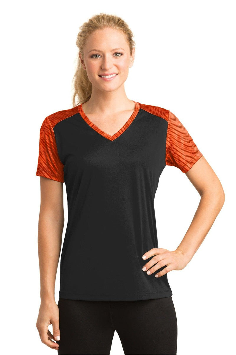 Sport-Tek T-Shirts XS / Black/ Neon Orange Sport-Tek LST371: Ladies CamoHex Colorblock V-Neck Tee