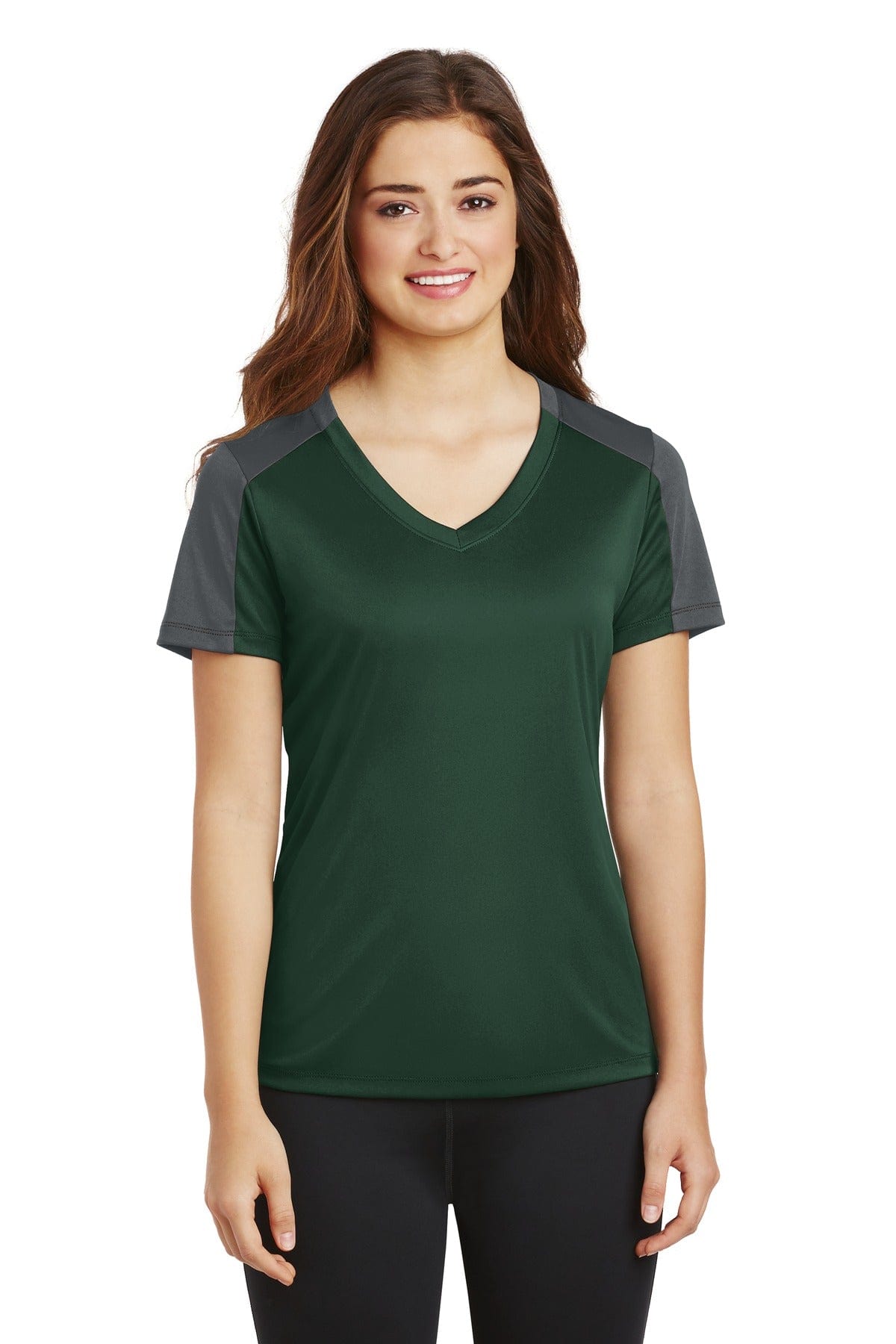 Sport-Tek T-Shirts XS / Forest Green/ Iron Grey DISCONTINUED  Sport-Tek ®  Ladies PosiCharge ®  Competitor ™  Sleeve-Blocked V-Neck Tee. LST354