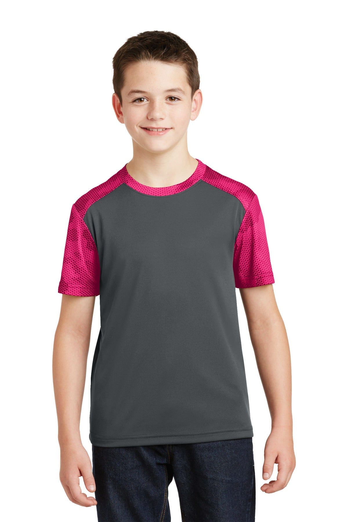 Sport-Tek T-Shirts XS / Iron Grey/ Pink Raspberry DISCONTINUED  Sport-Tek ®  Youth CamoHex Colorblock Tee. YST371