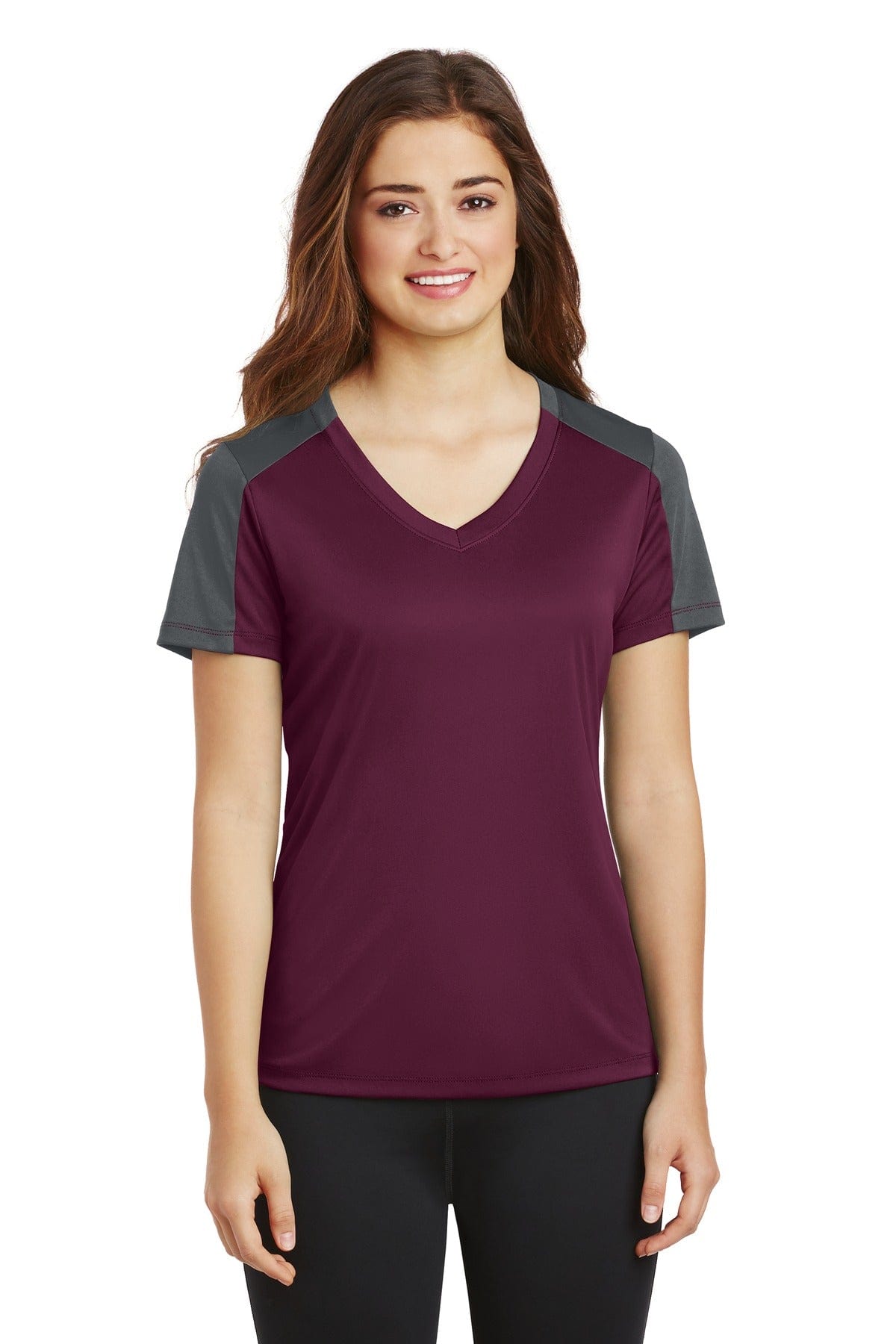 Sport-Tek T-Shirts XS / Maroon/ Iron Grey DISCONTINUED  Sport-Tek ®  Ladies PosiCharge ®  Competitor ™  Sleeve-Blocked V-Neck Tee. LST354