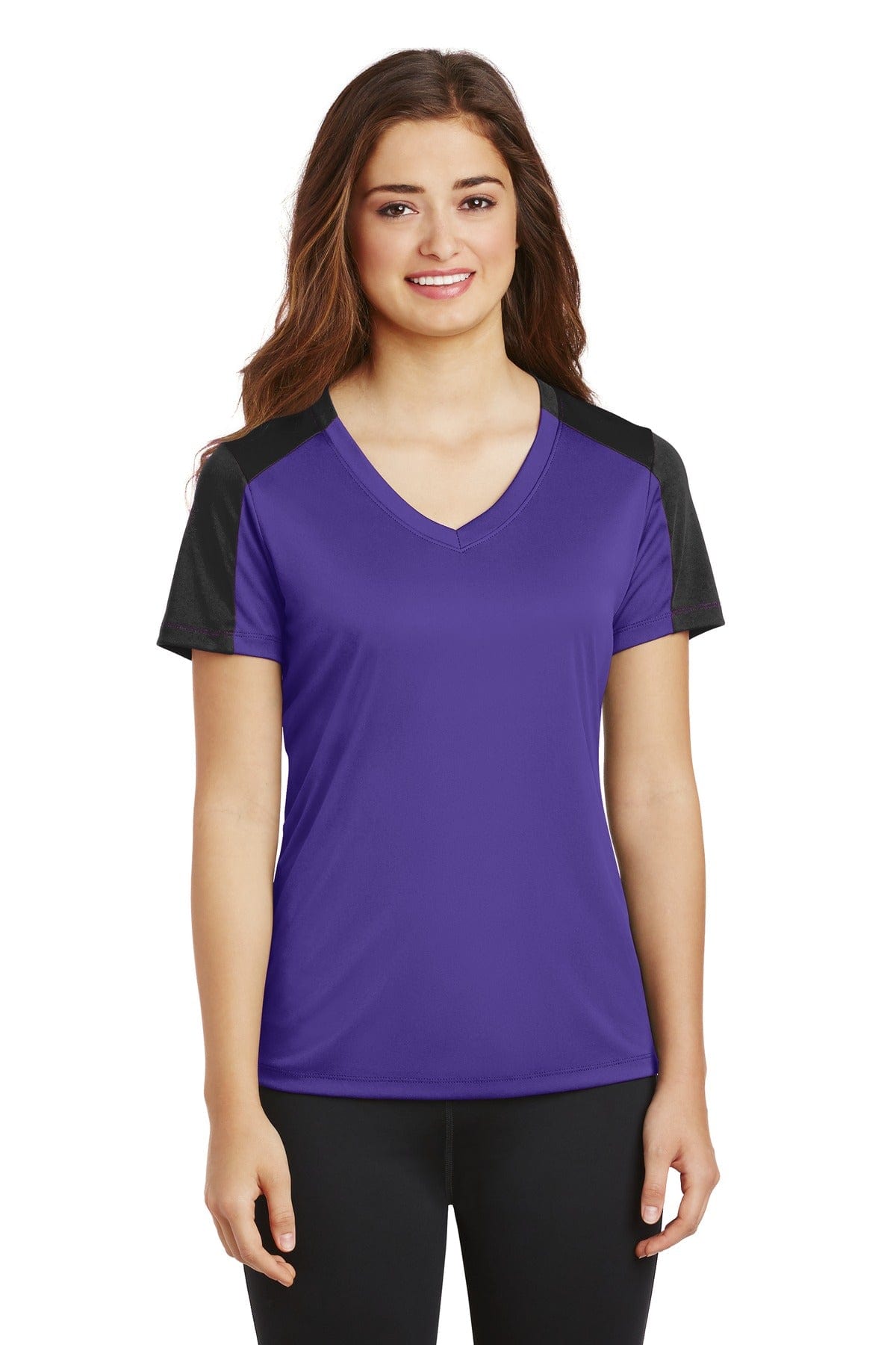 Sport-Tek T-Shirts XS / Purple/ Black DISCONTINUED  Sport-Tek ®  Ladies PosiCharge ®  Competitor ™  Sleeve-Blocked V-Neck Tee. LST354