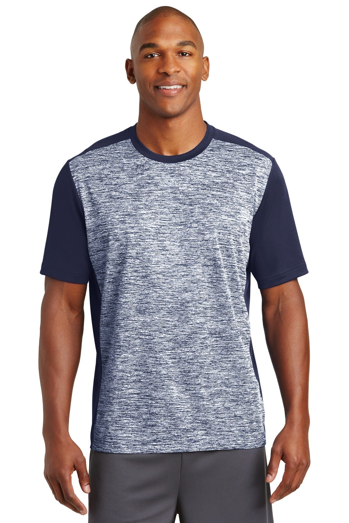 Sport-Tek T-Shirts XS / True Navy Electric/ True Navy DISCONTINUED  Sport-Tek ®  PosiCharge ®  Electric Heather Colorblock Tee. ST395