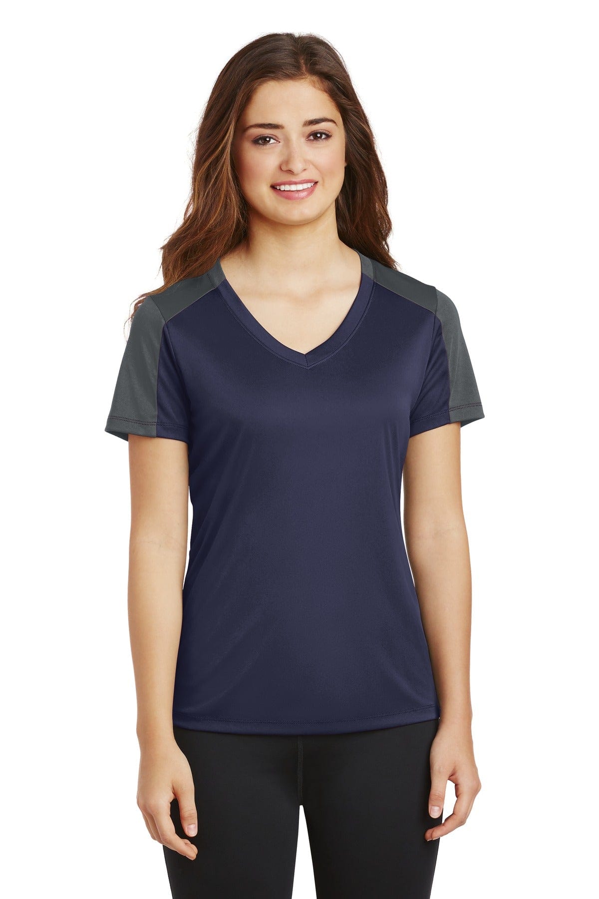 Sport-Tek T-Shirts XS / True Navy/ Iron Grey DISCONTINUED  Sport-Tek ®  Ladies PosiCharge ®  Competitor ™  Sleeve-Blocked V-Neck Tee. LST354