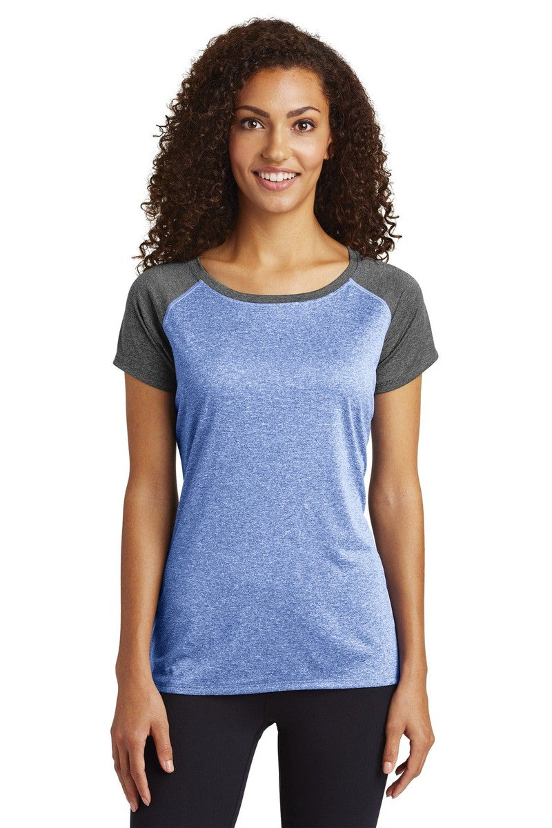 Sport-Tek T-Shirts XS / True Royal Heather/ Graphite Heather Sport-Tek LST362: Ladies Heather-On-Heather Contender Scoop Neck Tee