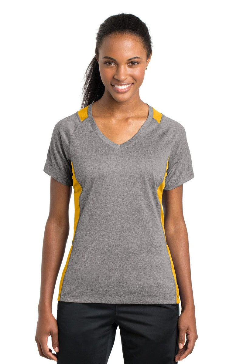 Sport-Tek T-Shirts XS / Vintage Heather/ Gold Sport-Tek LST361: Ladies Heather Colorblock Contender V-Neck Tee