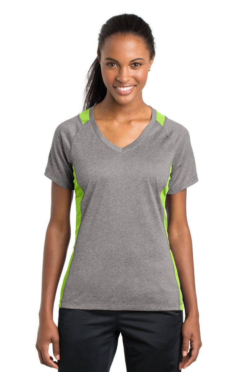 Sport-Tek T-Shirts XS / Vintage Heather/ Lime Shock Sport-Tek LST361: Ladies Heather Colorblock Contender V-Neck Tee