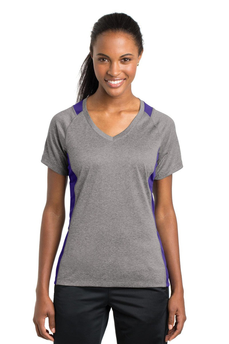 Sport-Tek T-Shirts XS / Vintage Heather/ Purple Sport-Tek LST361: Ladies Heather Colorblock Contender V-Neck Tee