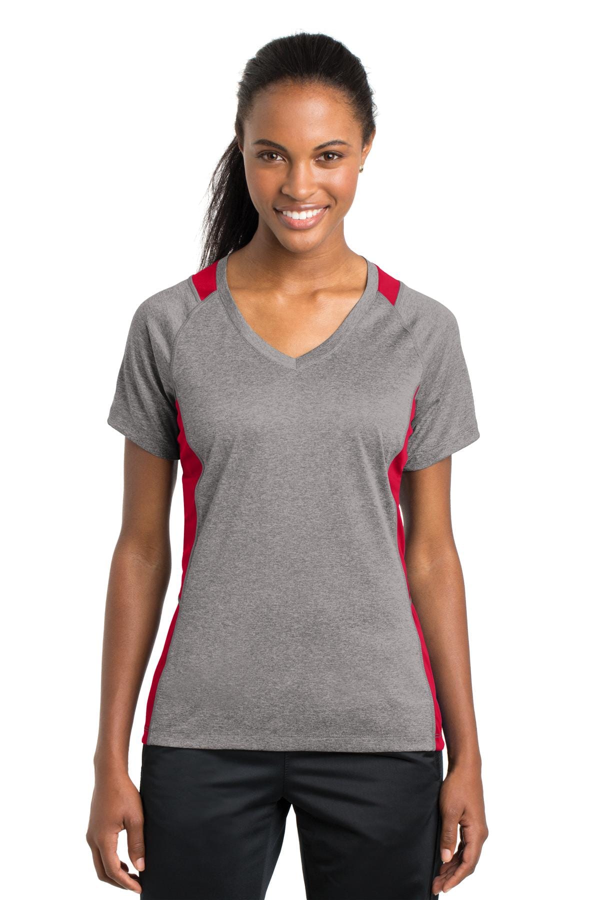Sport-Tek T-Shirts XS / Vintage Heather/ True Red Sport-Tek LST361 Ladies Heather Colorblock Contender V-Neck Tee