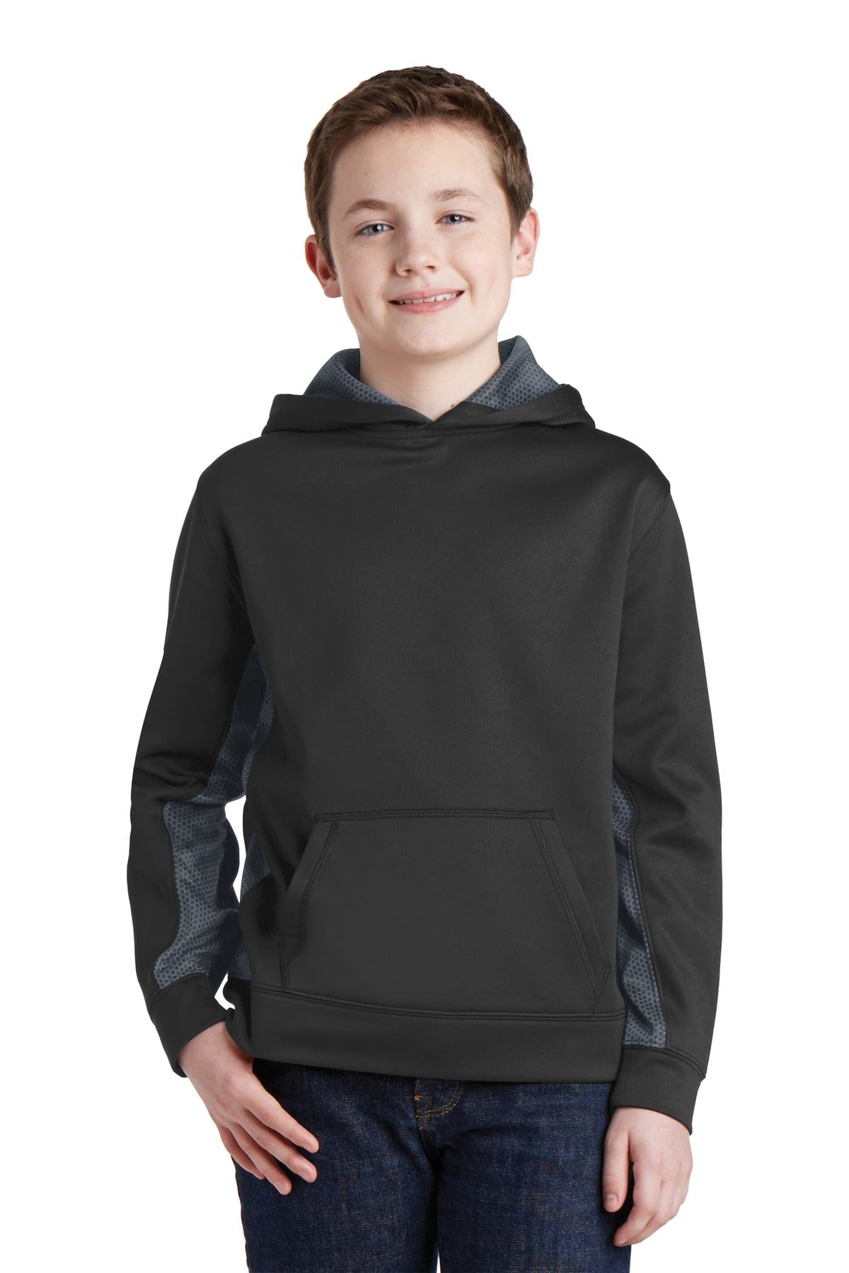 Sport-Tek YST239 Youth Sport-Wick CamoHex Fleece Colorblock Hooded Pullover in 