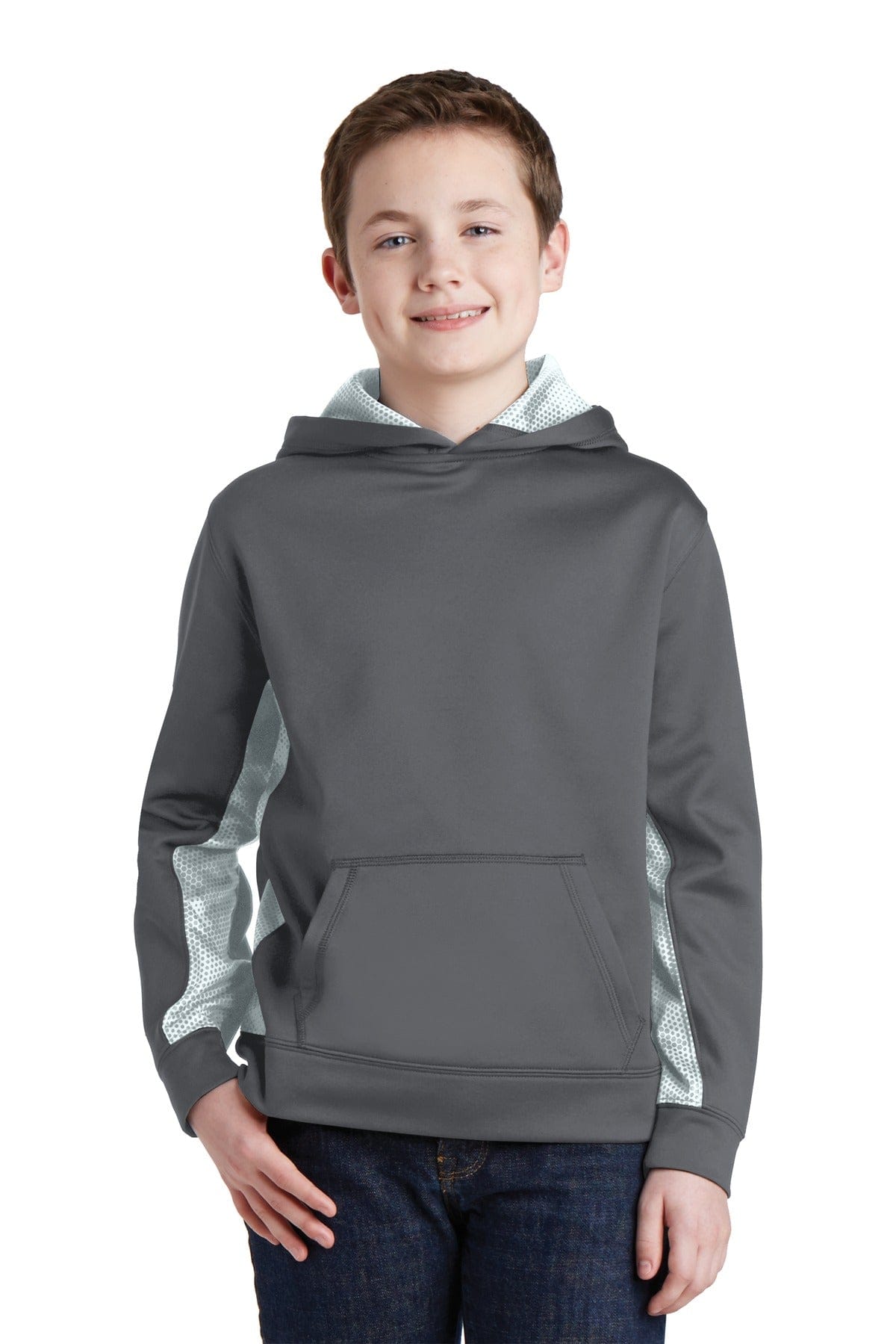 Sport-Tek YST239 Youth Sport-Wick CamoHex Fleece Colorblock Hooded Pullover in Dark Smoke Grey/ White