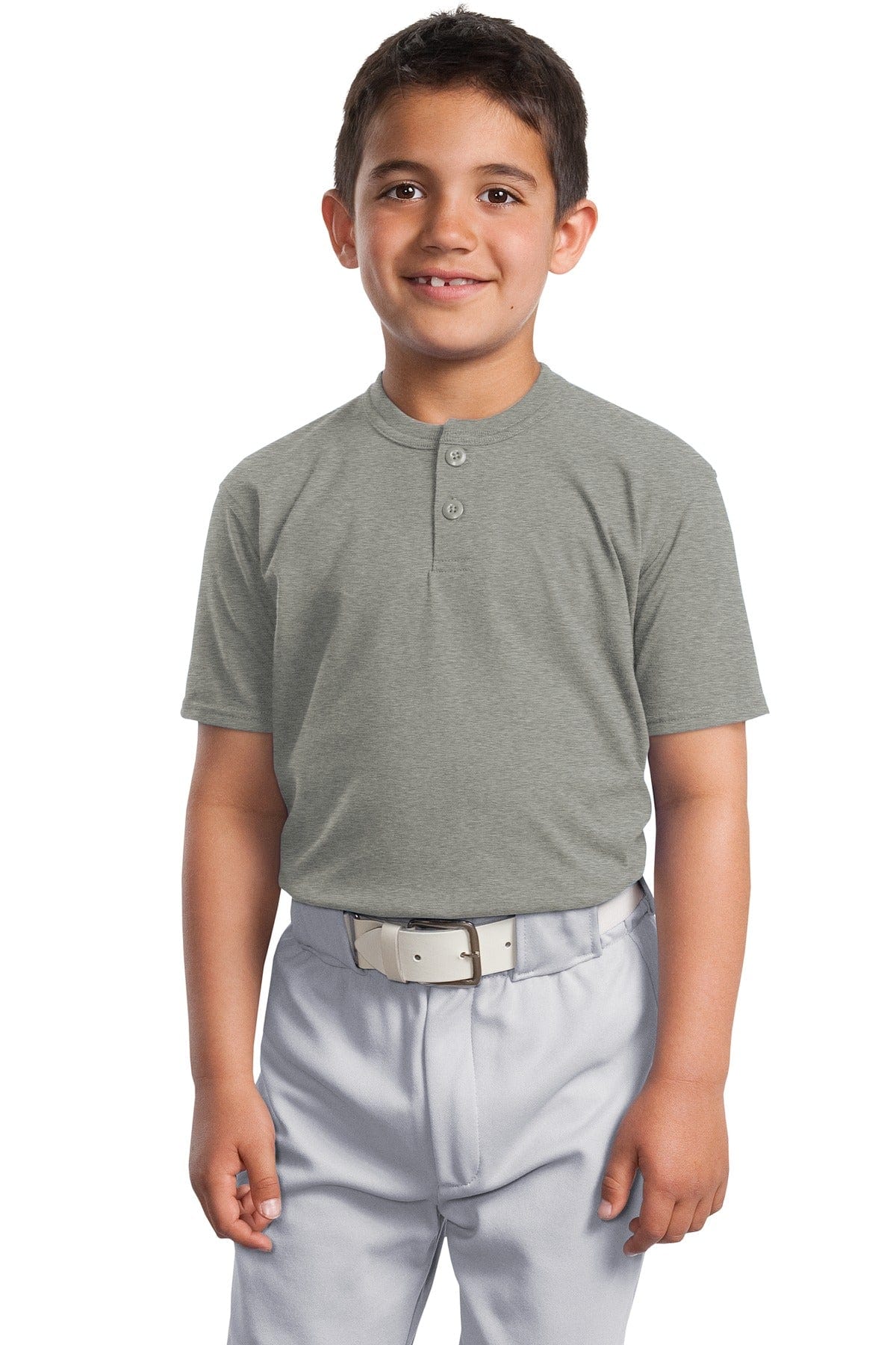 Sport-Tek Youth XS / Heathered Grey DISCONTINUED  Sport-Tek ®  Youth Short Sleeve Henley. YT210