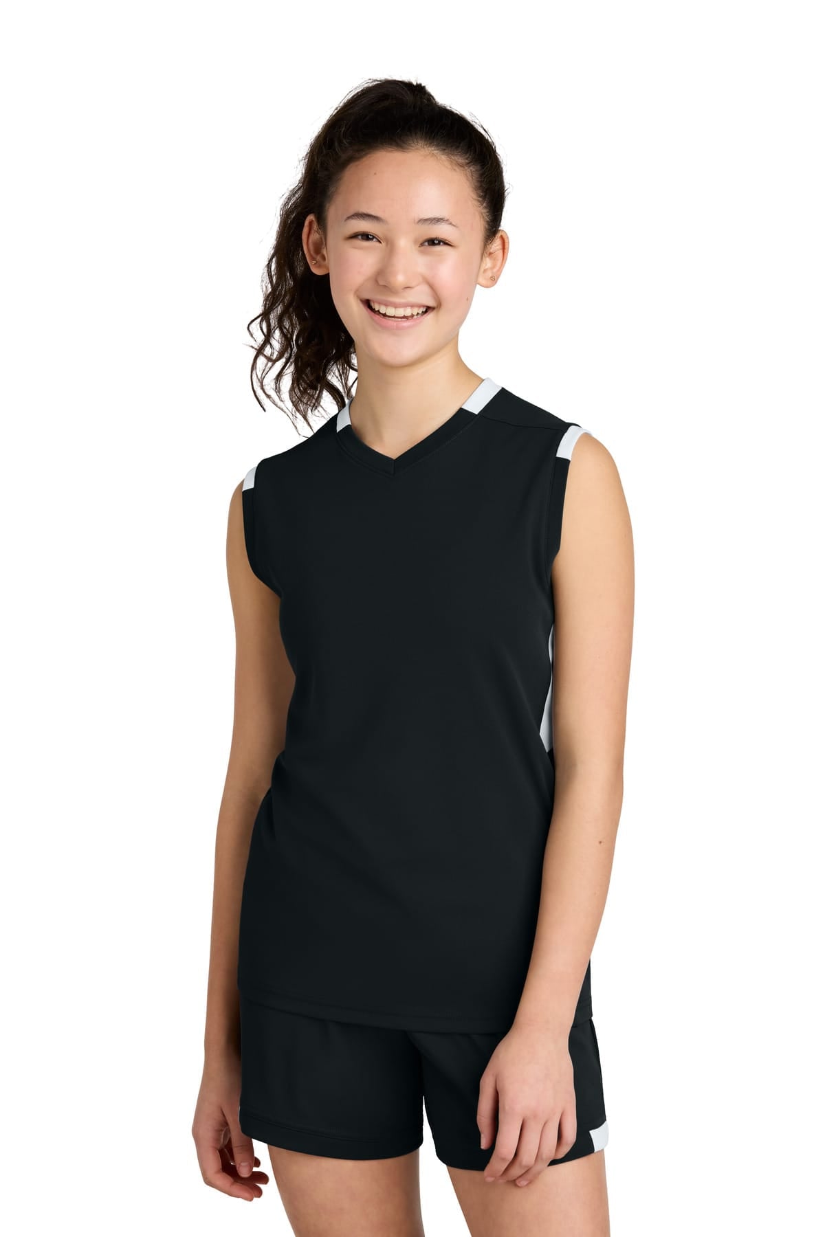 Sport-Tek YST441 XS / Black/ White Sport-Tek YST441 Youth Club Sleeveless V-Neck