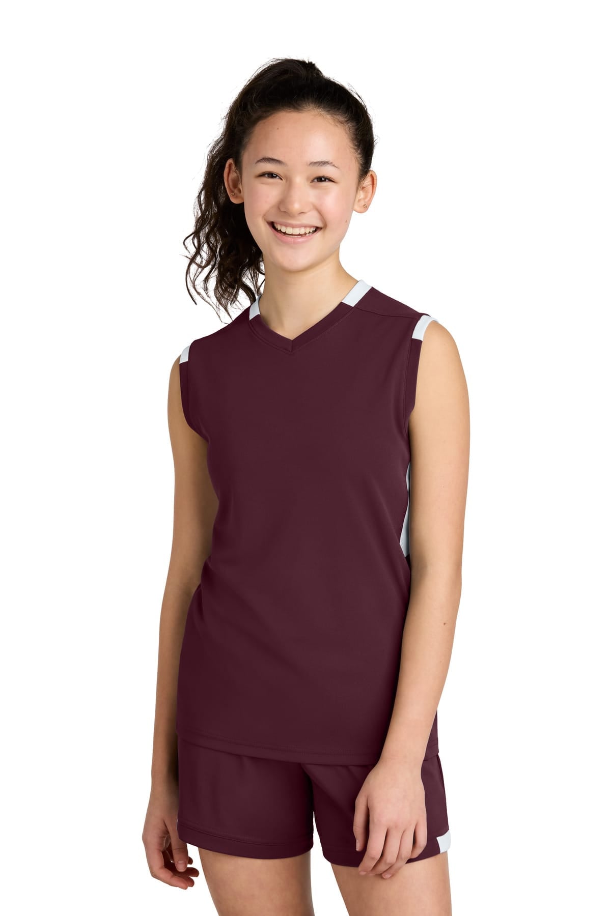 Sport-Tek YST441 XS / Maroon/ White Sport-Tek YST441 Youth Club Sleeveless V-Neck
